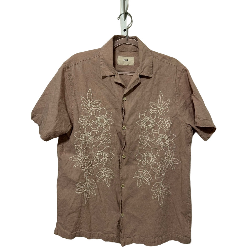 🍒Folk Men's linen blend Floral Embroidered Shirt tropical pale pink size S GUC